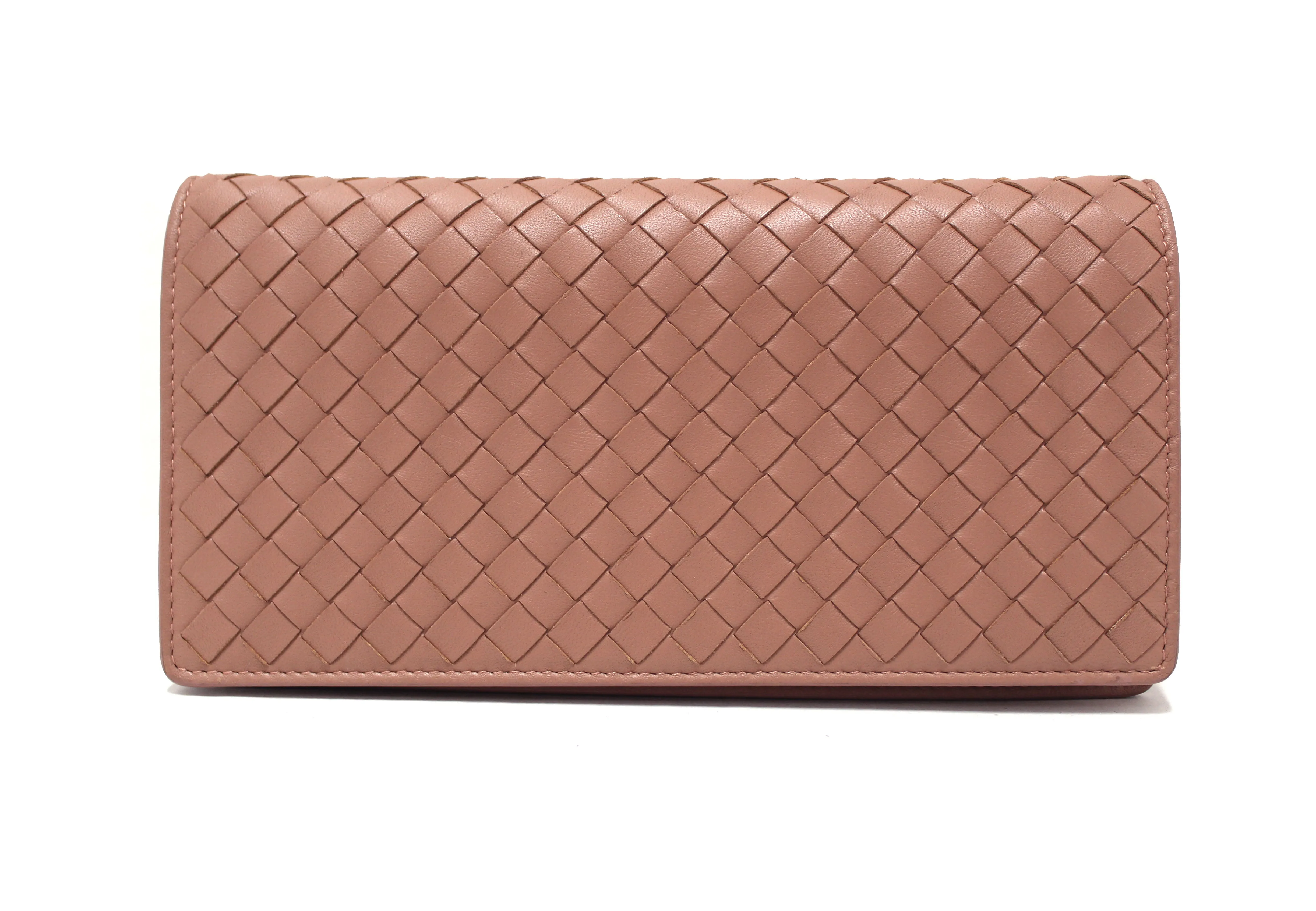 Authentic Bottega Veneta Dusty Peach Nappa Intrecciato Leather Flap Wallet