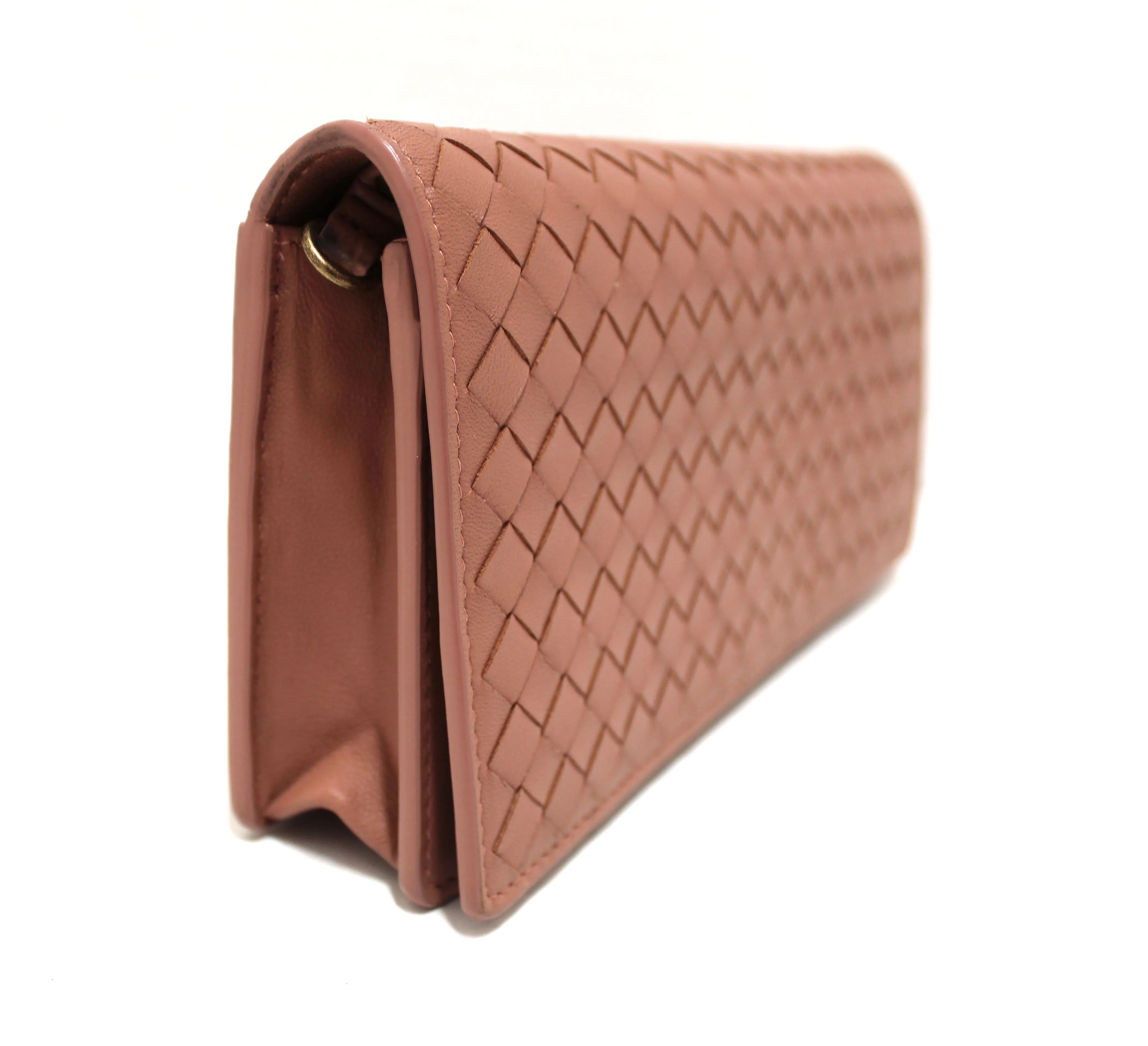 Authentic Bottega Veneta Dusty Peach Nappa Intrecciato Leather Flap Wallet