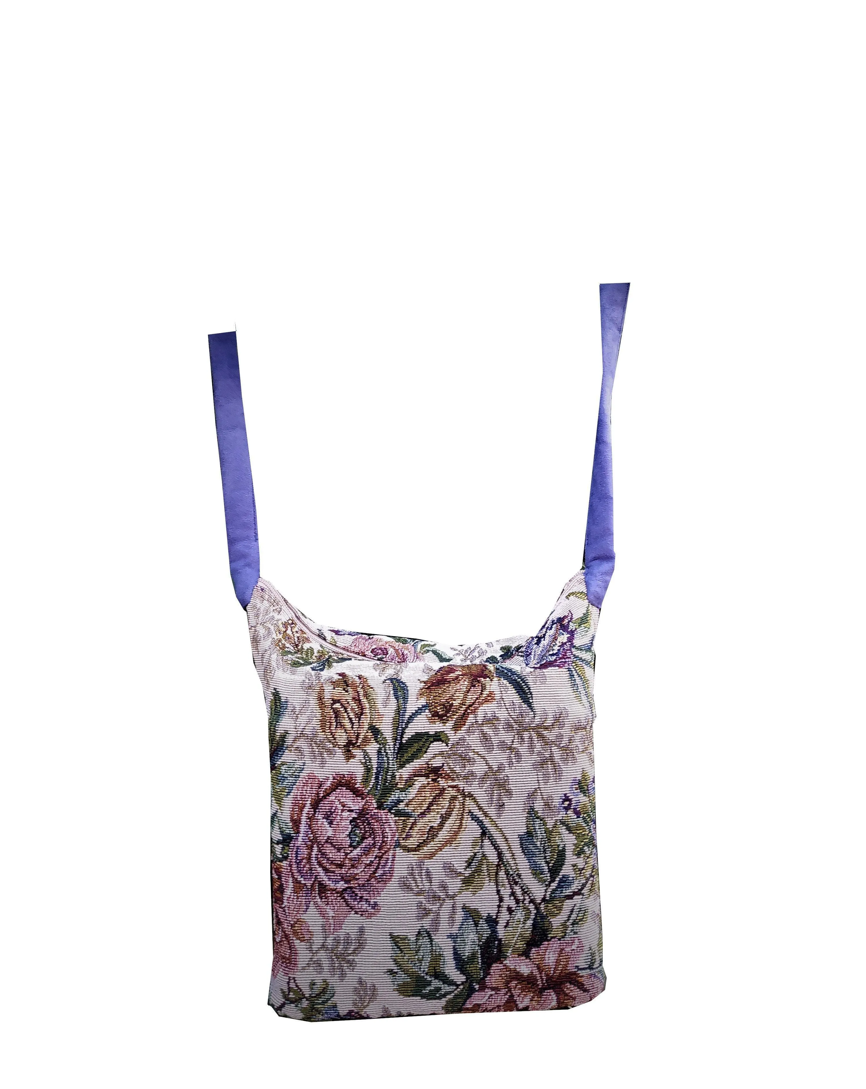 Bags made of tapestry with a long blue-gray handle and a zipper