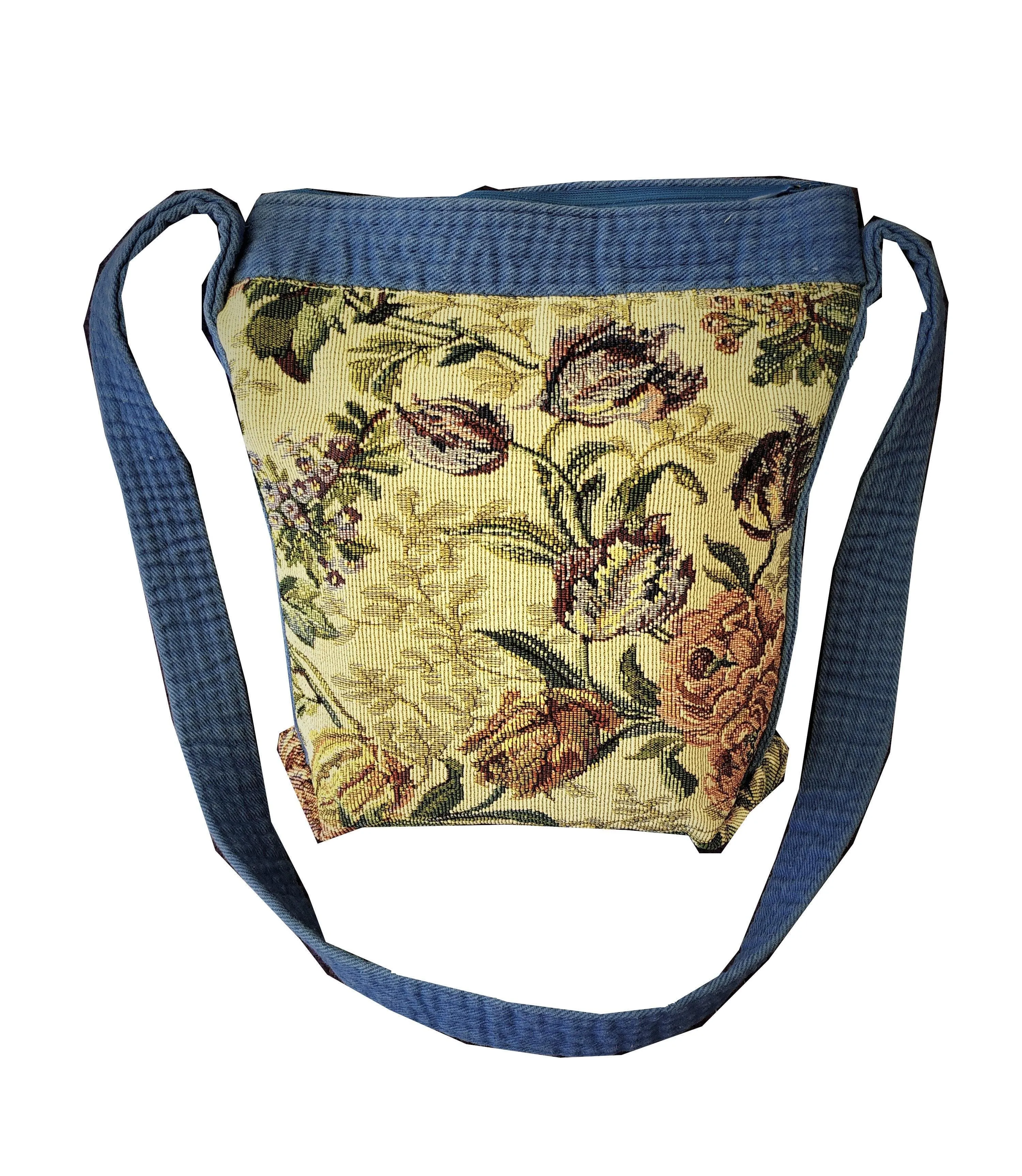 Bags made of tapestry with a long blue-gray handle and a zipper
