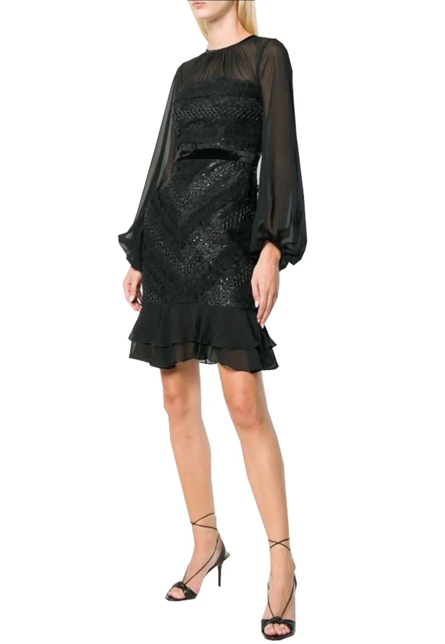 Black Diamond Sheer Long Sleeves Sequins Mini Dress (UK 10)
