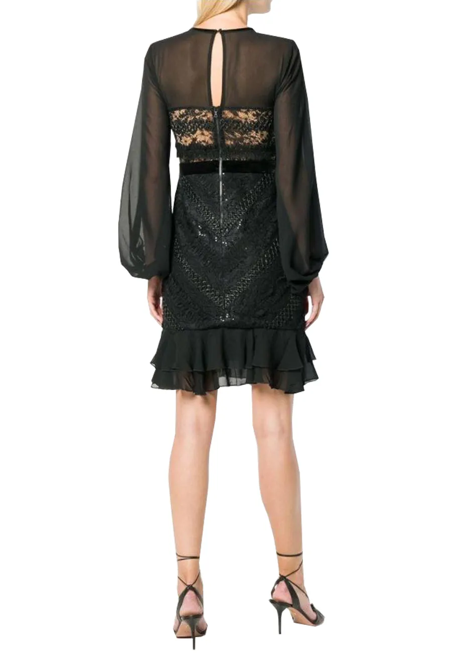 Black Diamond Sheer Long Sleeves Sequins Mini Dress (UK 10)