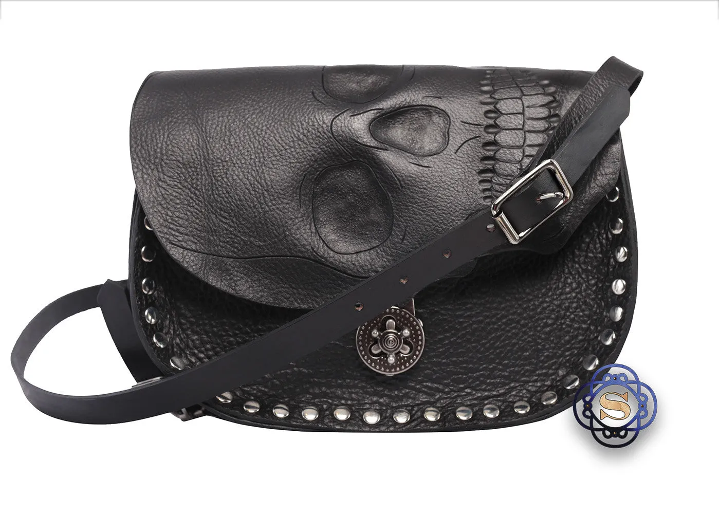 Black skull on flap cross body bag
