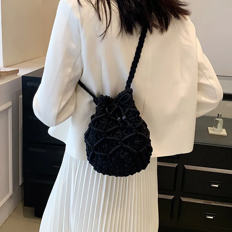 Black White Summer Woven Beach Bucket Bag Purse -Showtown