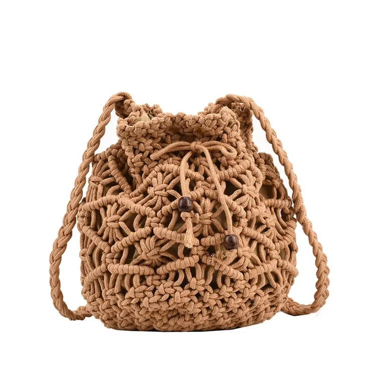 Black White Summer Woven Beach Bucket Bag Purse -Showtown