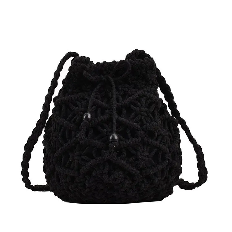 Black White Summer Woven Beach Bucket Bag Purse -Showtown