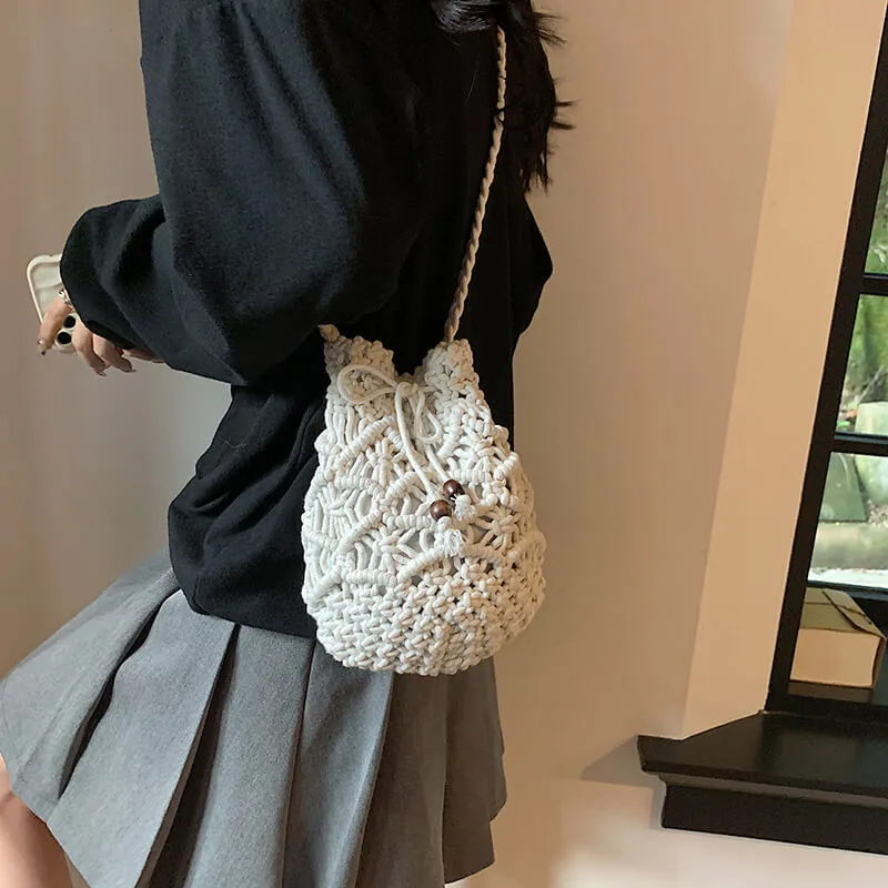 Black White Summer Woven Beach Bucket Bag Purse -Showtown