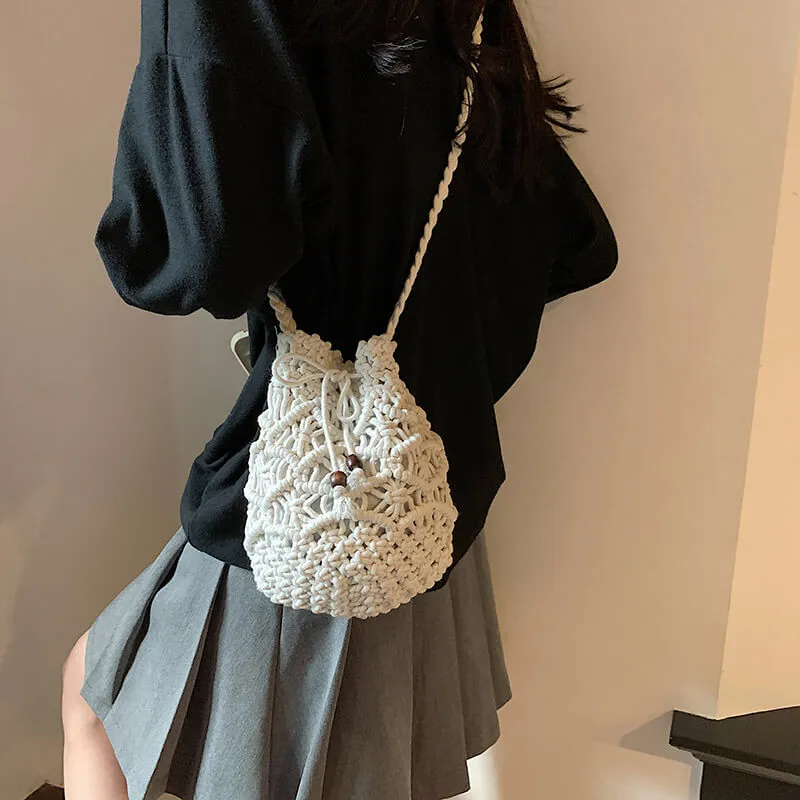 Black White Summer Woven Beach Bucket Bag Purse -Showtown
