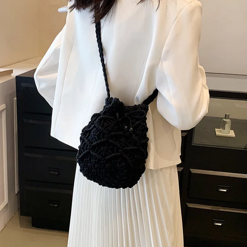 Black White Summer Woven Beach Bucket Bag Purse -Showtown