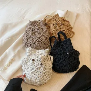 Black White Summer Woven Beach Bucket Bag Purse -Showtown