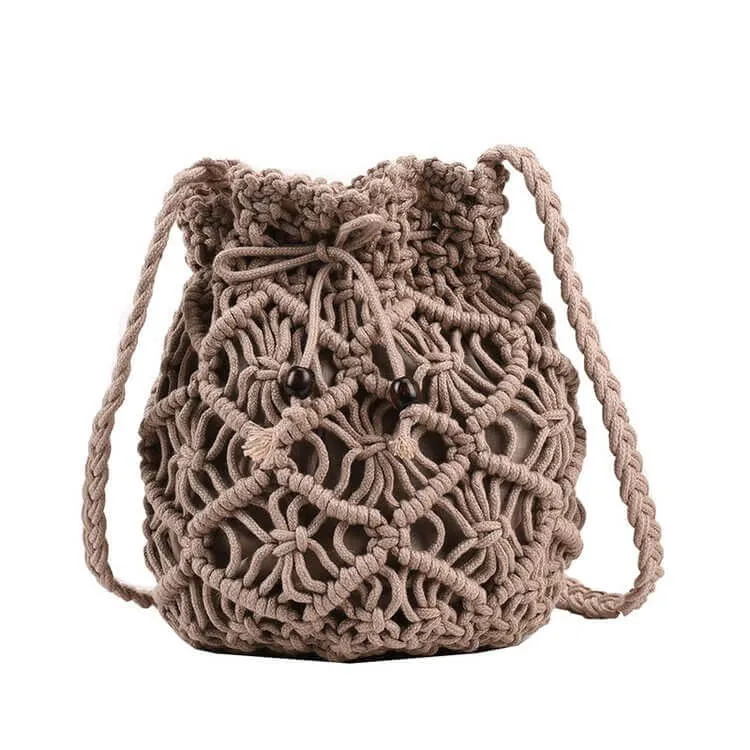 Black White Summer Woven Beach Bucket Bag Purse -Showtown