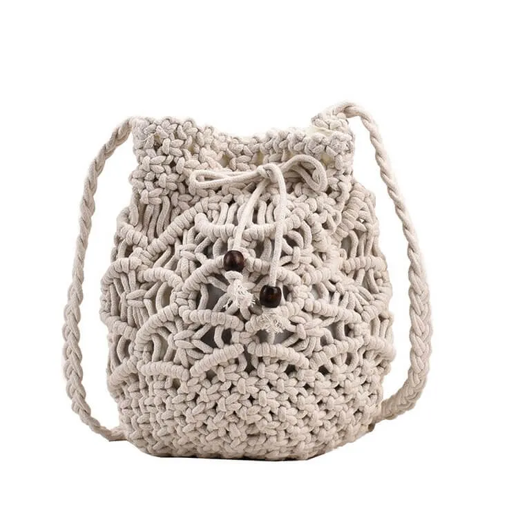 Black White Summer Woven Beach Bucket Bag Purse -Showtown