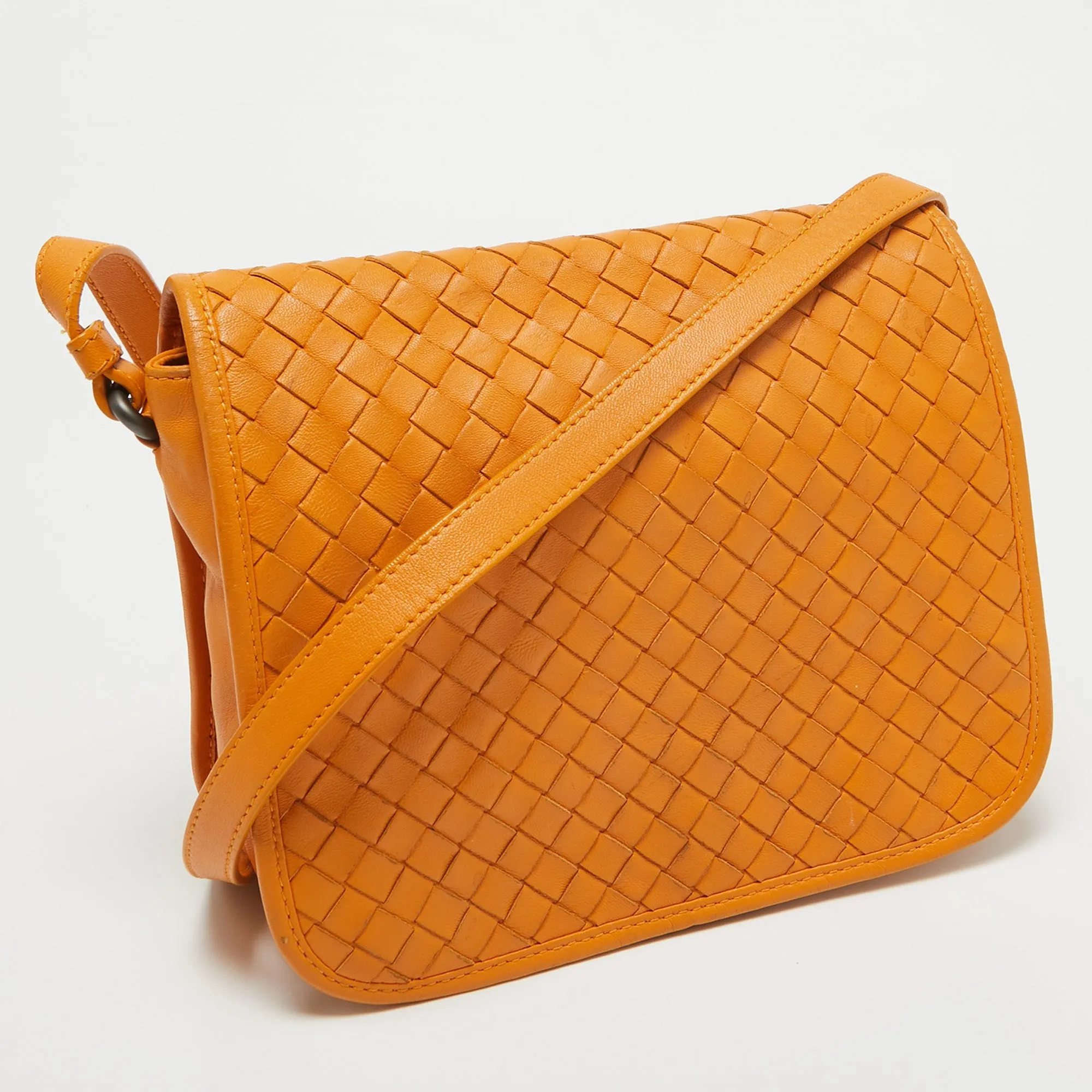 Bottega Veneta Orange Intrecciato Leather Full Flap Crossbody Bag