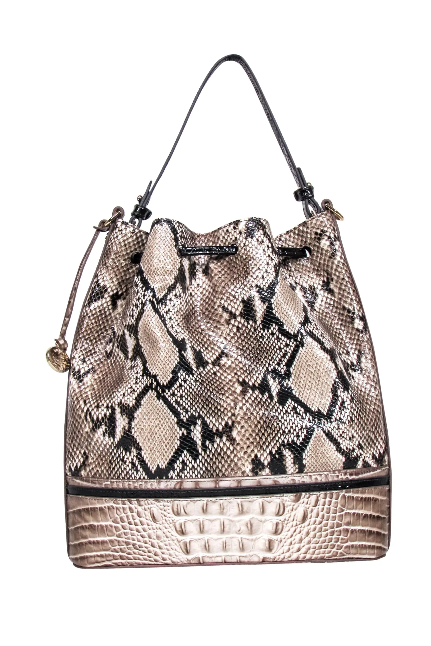 Brahmin - Beige & Black Reptile Textured Large Bucket Bag
