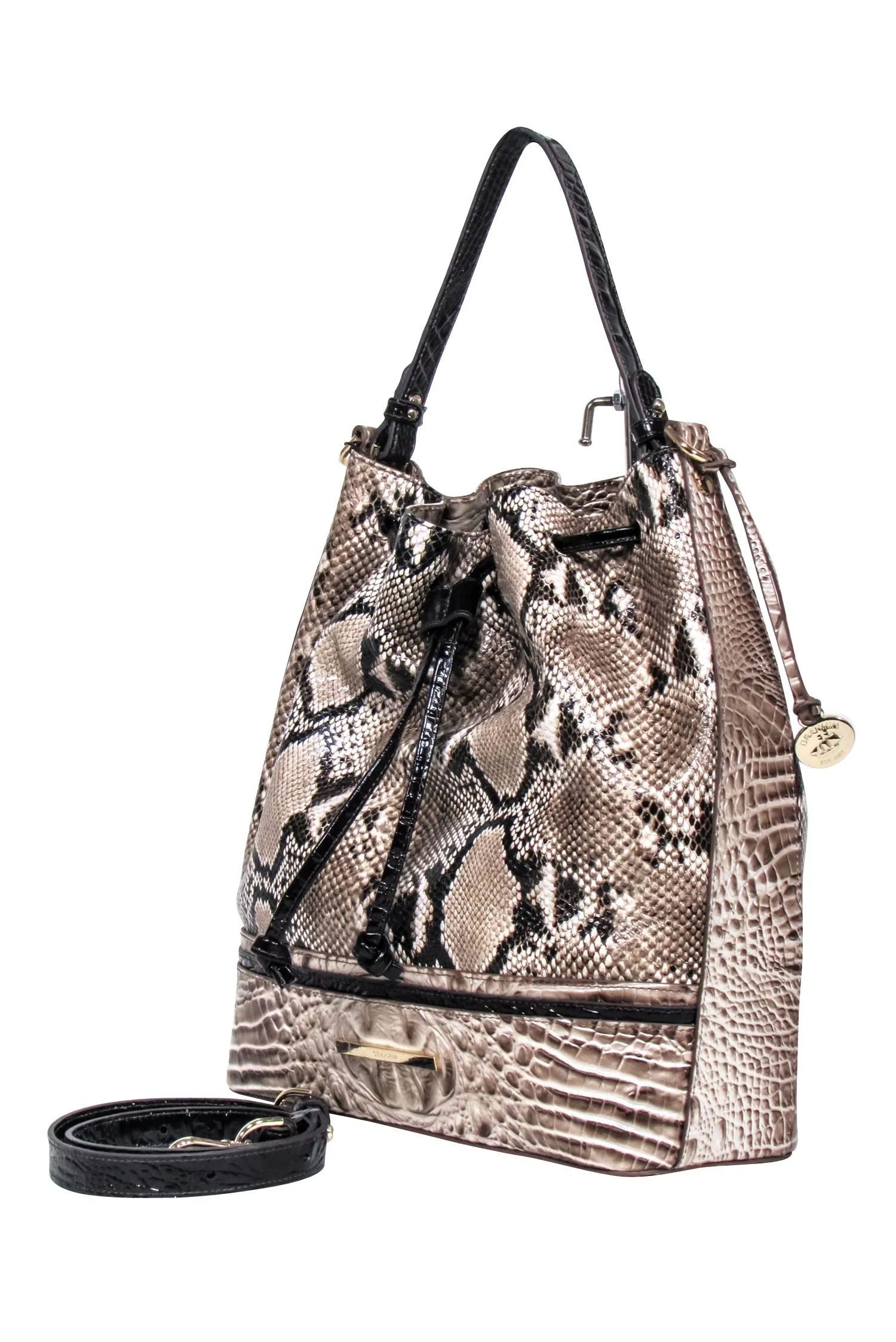 Brahmin - Beige & Black Reptile Textured Large Bucket Bag
