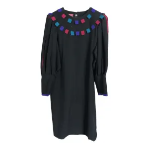 Chacok Vintage 100% Wool Long Sleeve Midi Dress Black Multi Size 1 UK 14-16