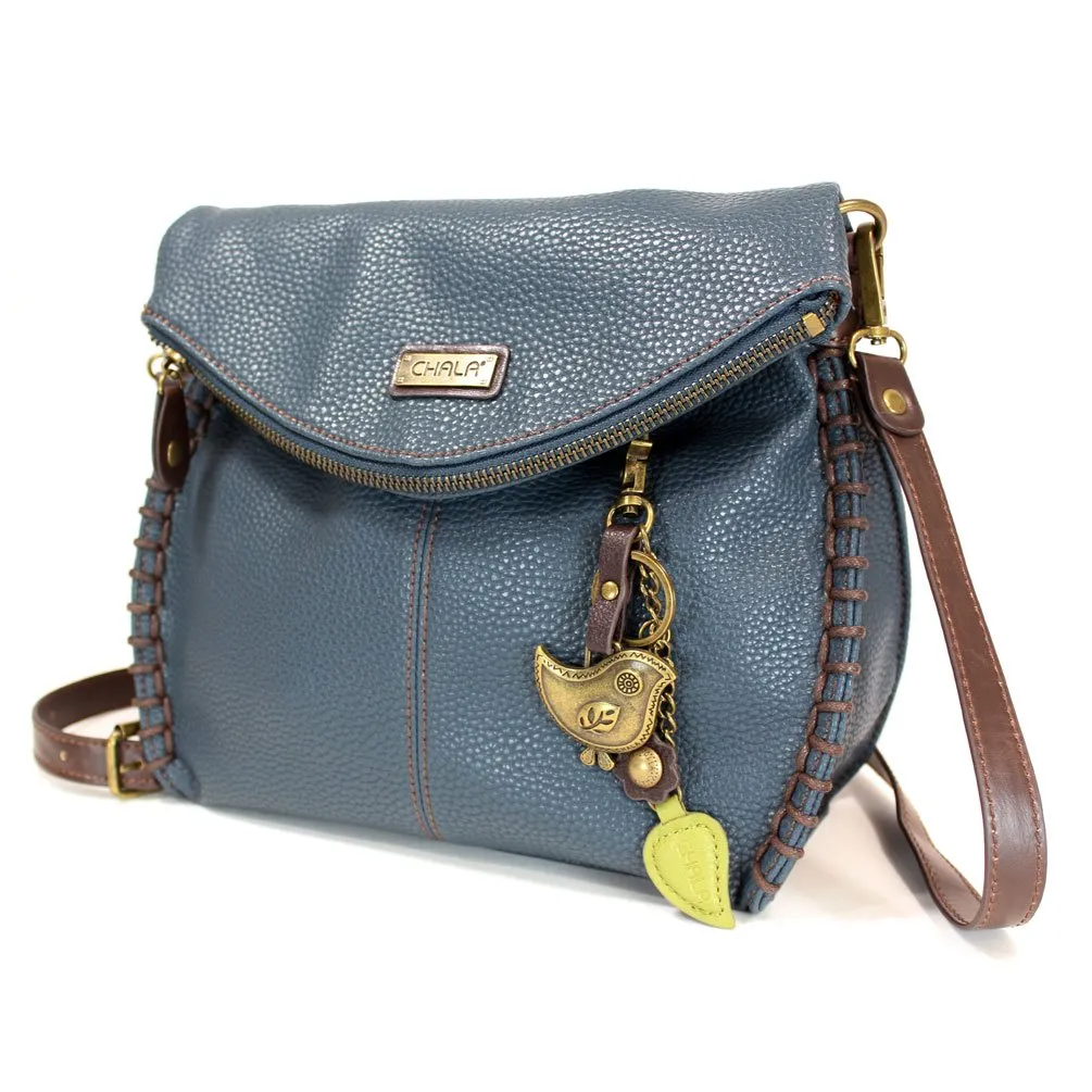 Chala Charming Crossbody Bag - Flap Top and Metal Key Charm in Navy Blue, Cross-Body or Shoulder Purse - Bird