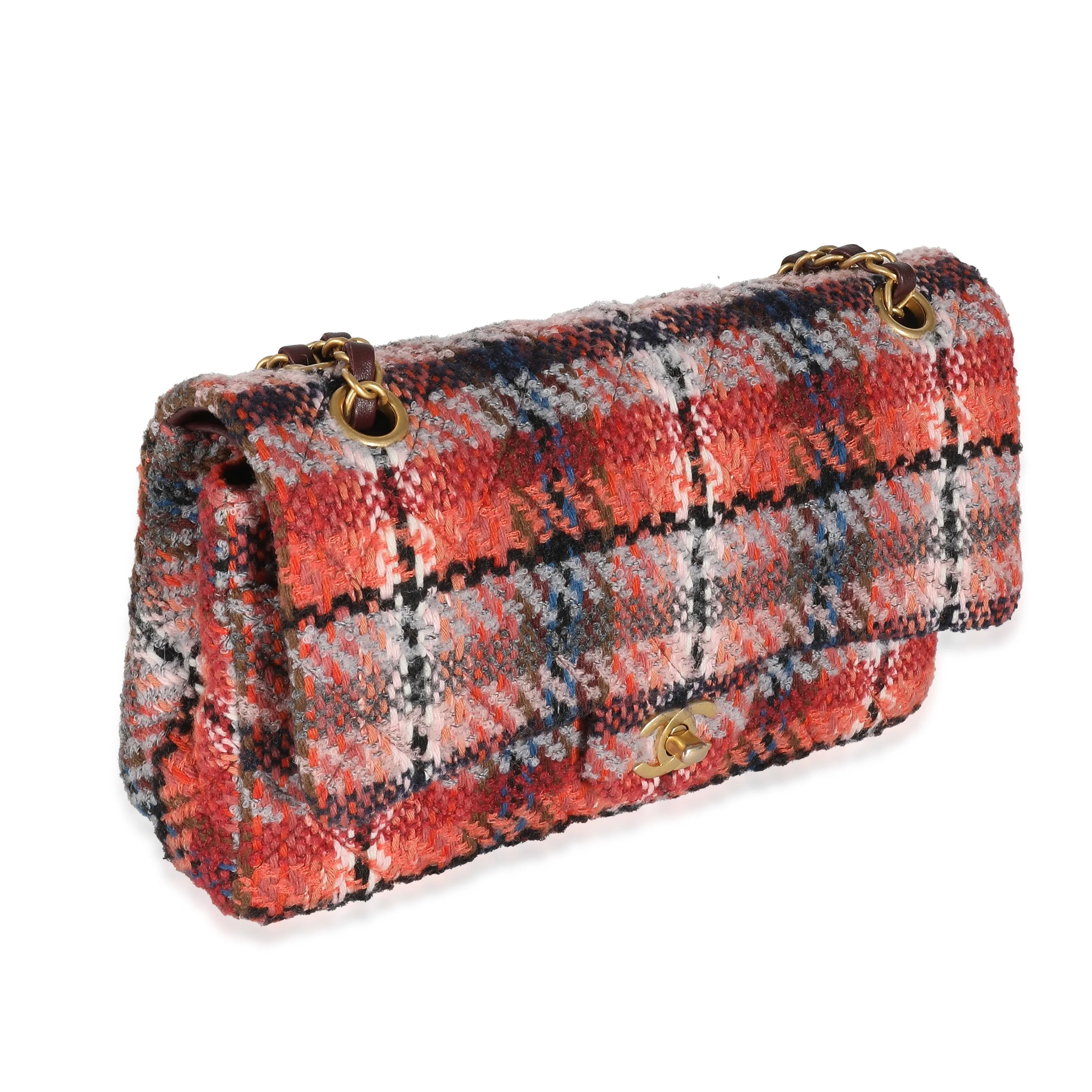 CHANEL 21B Brown Red Tweed Medium Classic Double Flap Bag