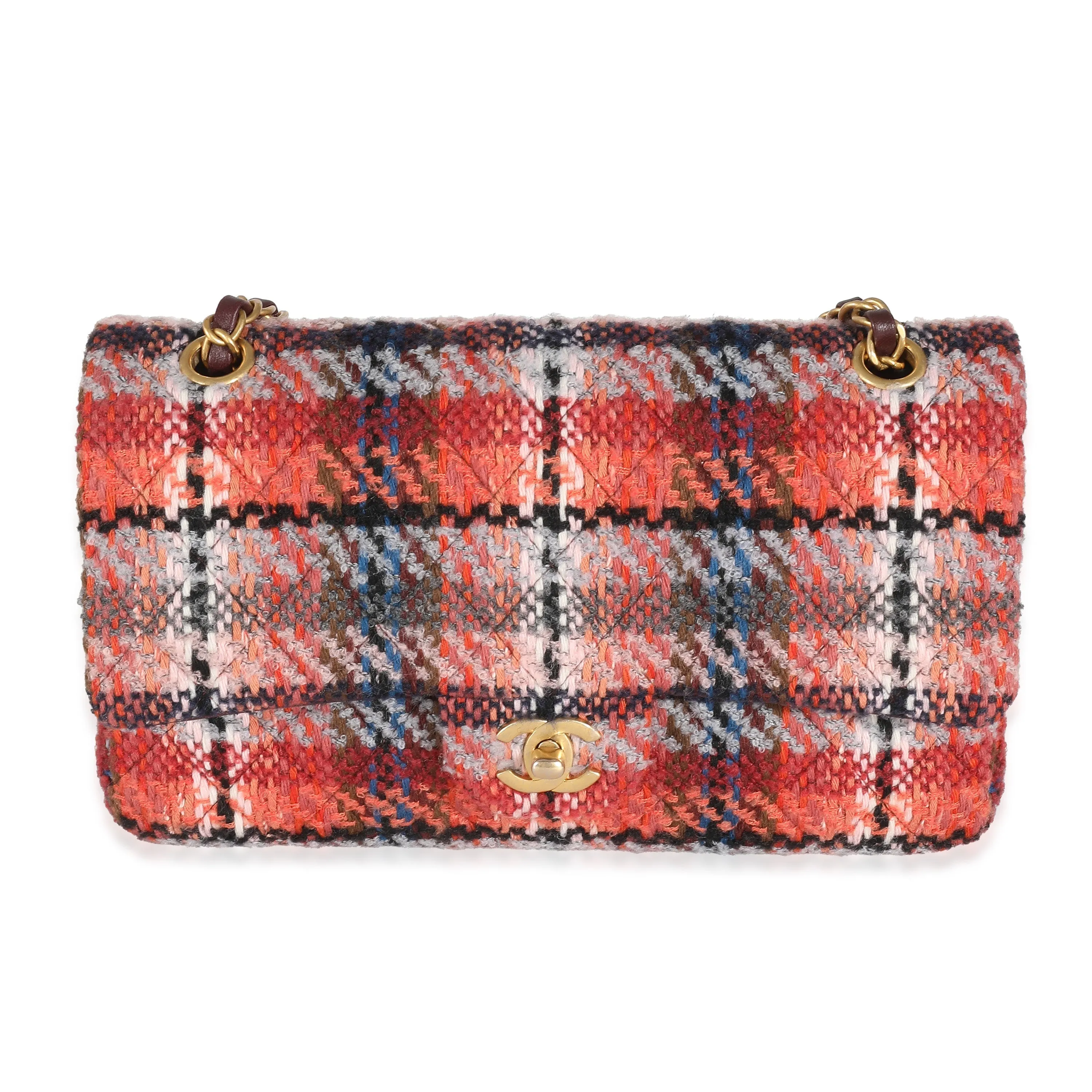 CHANEL 21B Brown Red Tweed Medium Classic Double Flap Bag