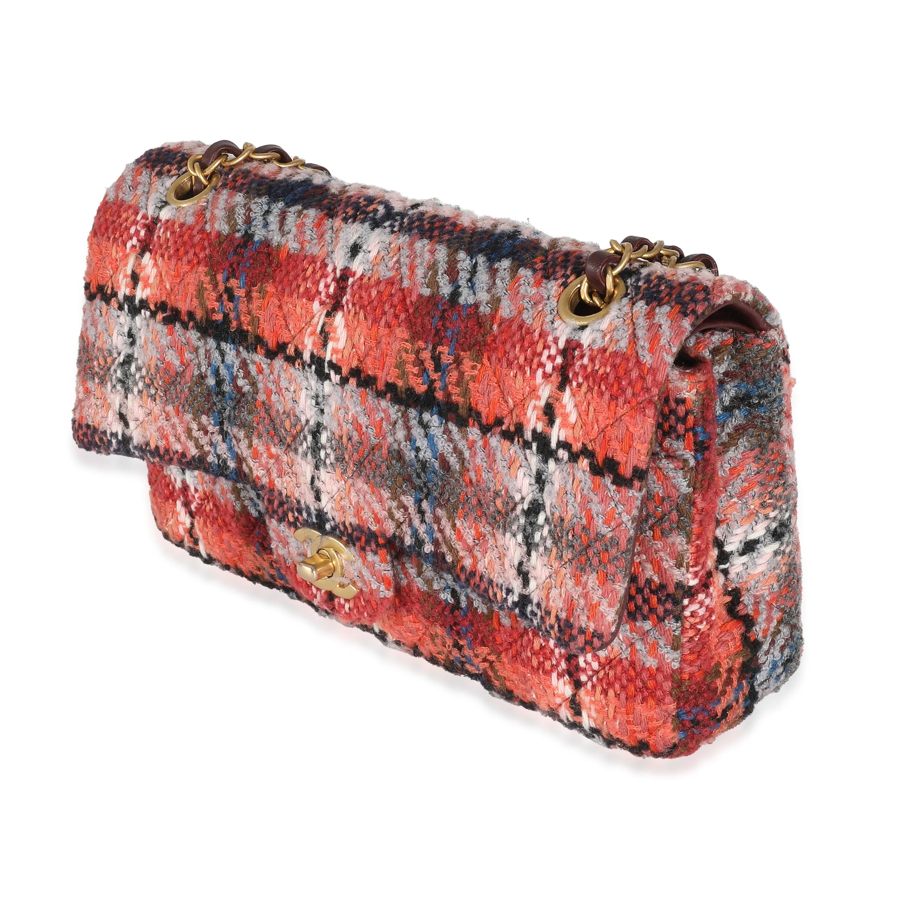 CHANEL 21B Brown Red Tweed Medium Classic Double Flap Bag