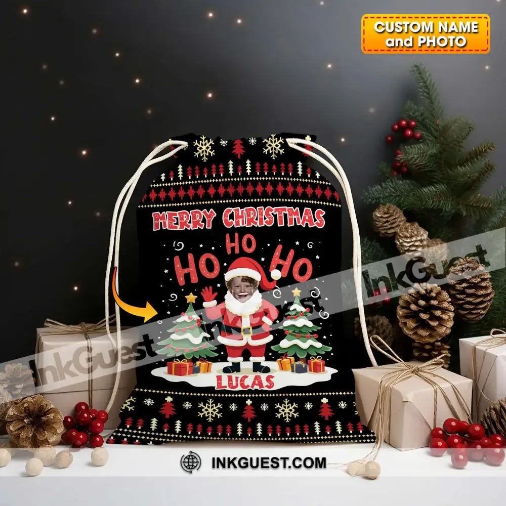 Christmas Night Custom Photo And Name, Personalized String Bag, Christmas Gift