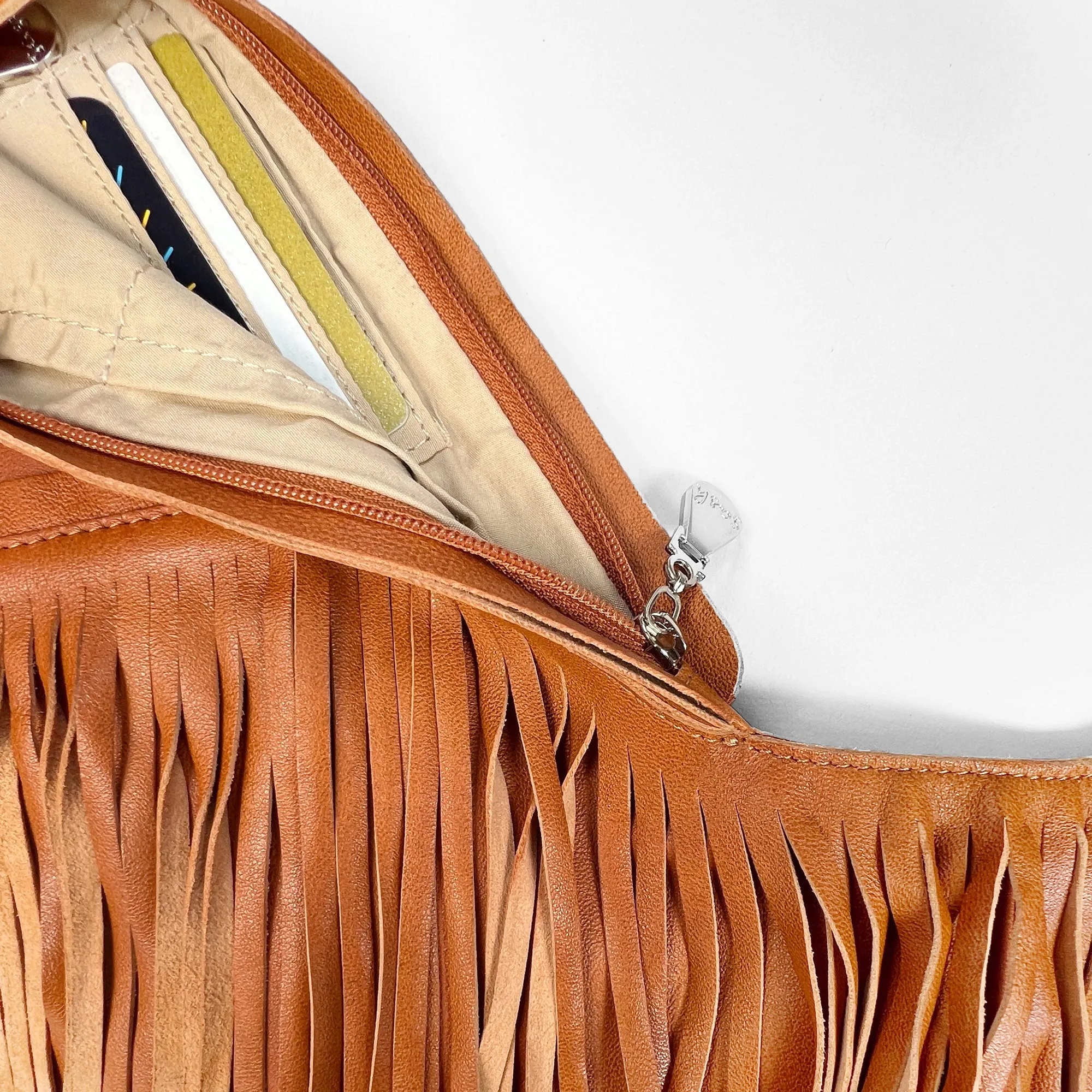Cognac Fringe Leather Sash Bag
