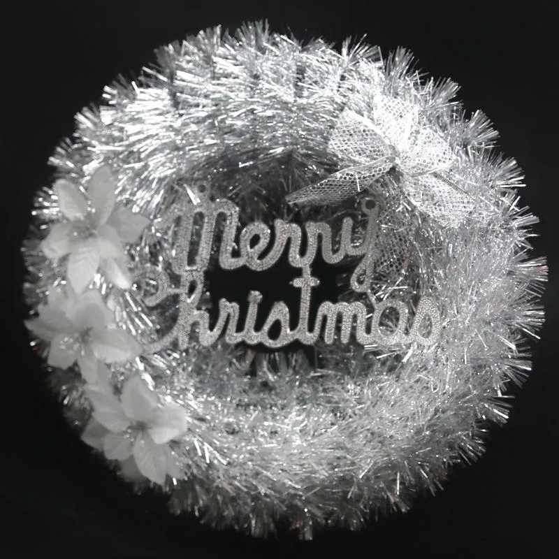 Deluxe Silver Tinsel Wreath with Merry Christmas Sign