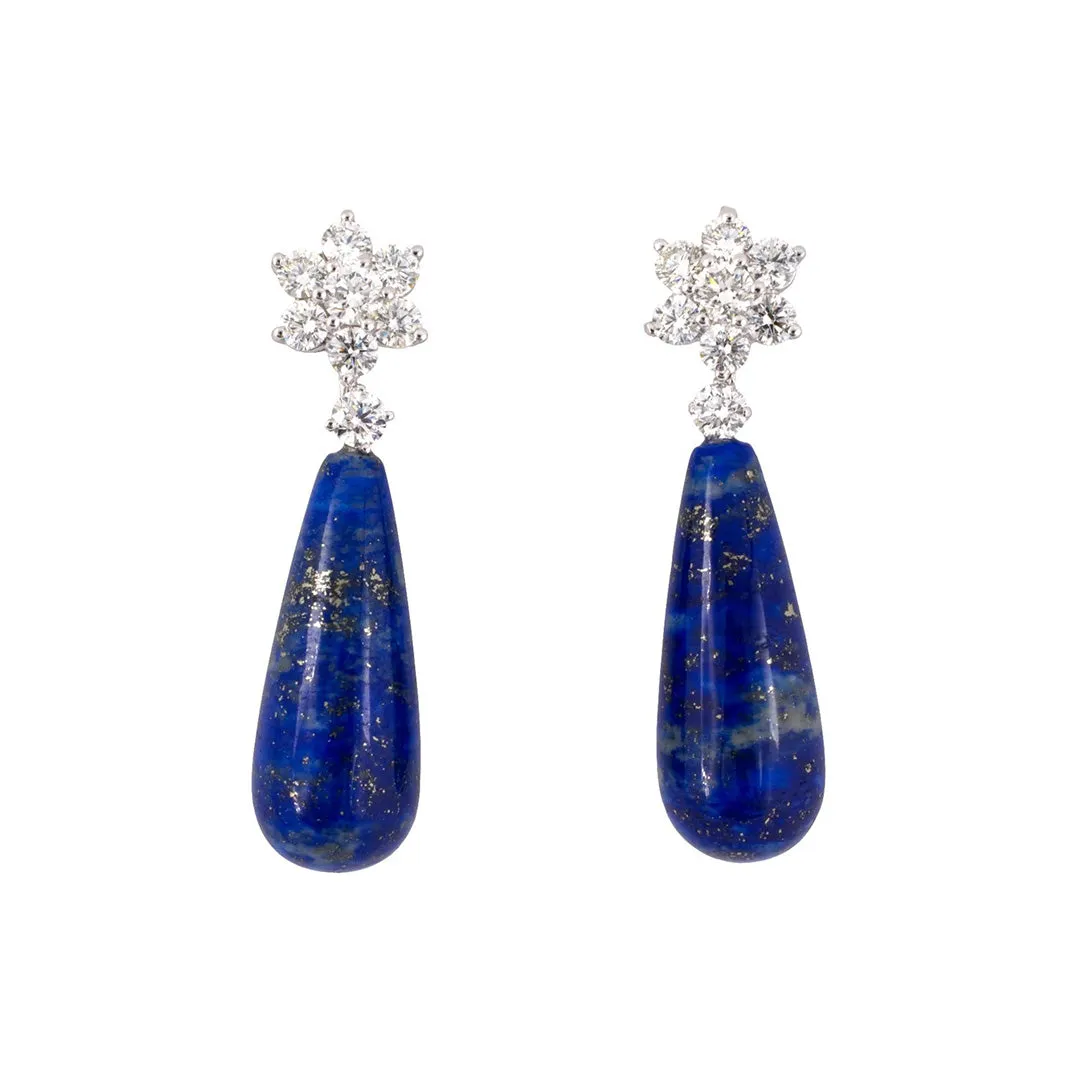 Diamond Cluster & Lapis Teardrop Dangle Earrings