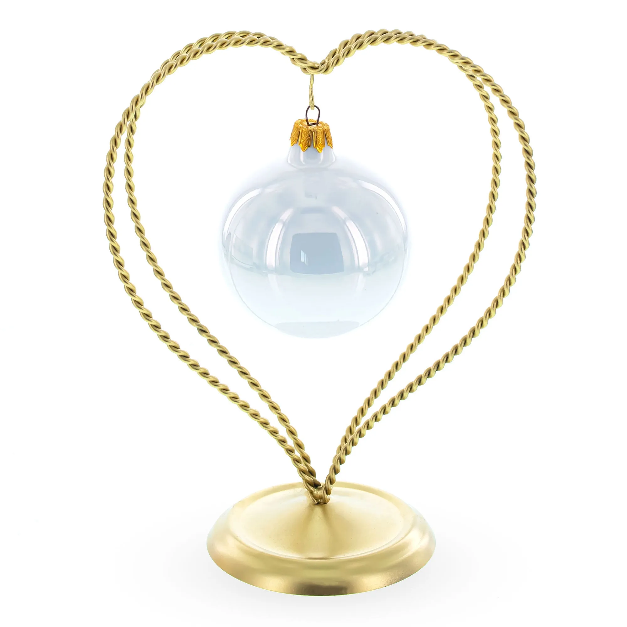 Double Swirled Heart Gold Metal Solid Round Base Ornament Display Stand 7.25 Inches