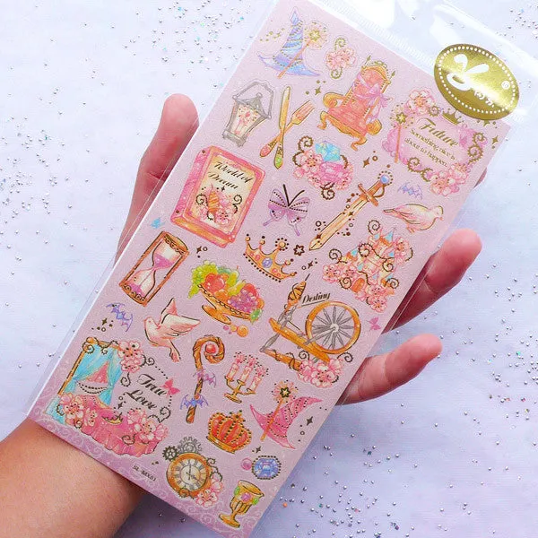 Fairy Tale Princess Stickers with Gold Foil | Dreamy Fairytale Stickers | Planner Decoration | Kawaii Seal Sticker | Scrapbooking & Papecraft Supplies (1 Sheet)