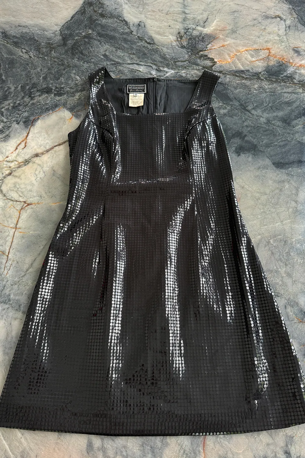 Fantastic Spring 1997 Versace Versus Black Iridescent 'Holographic' Dress as Seen on Fran Drescher