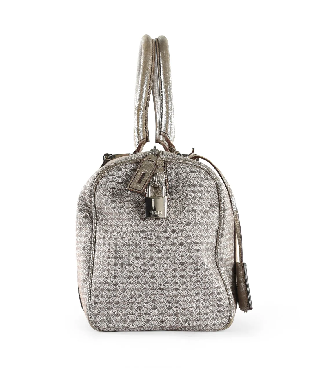 FENDI Metallic Silver/Brown Micro Zucchino Canvas & Leather Bauletto Forever Boston Bag