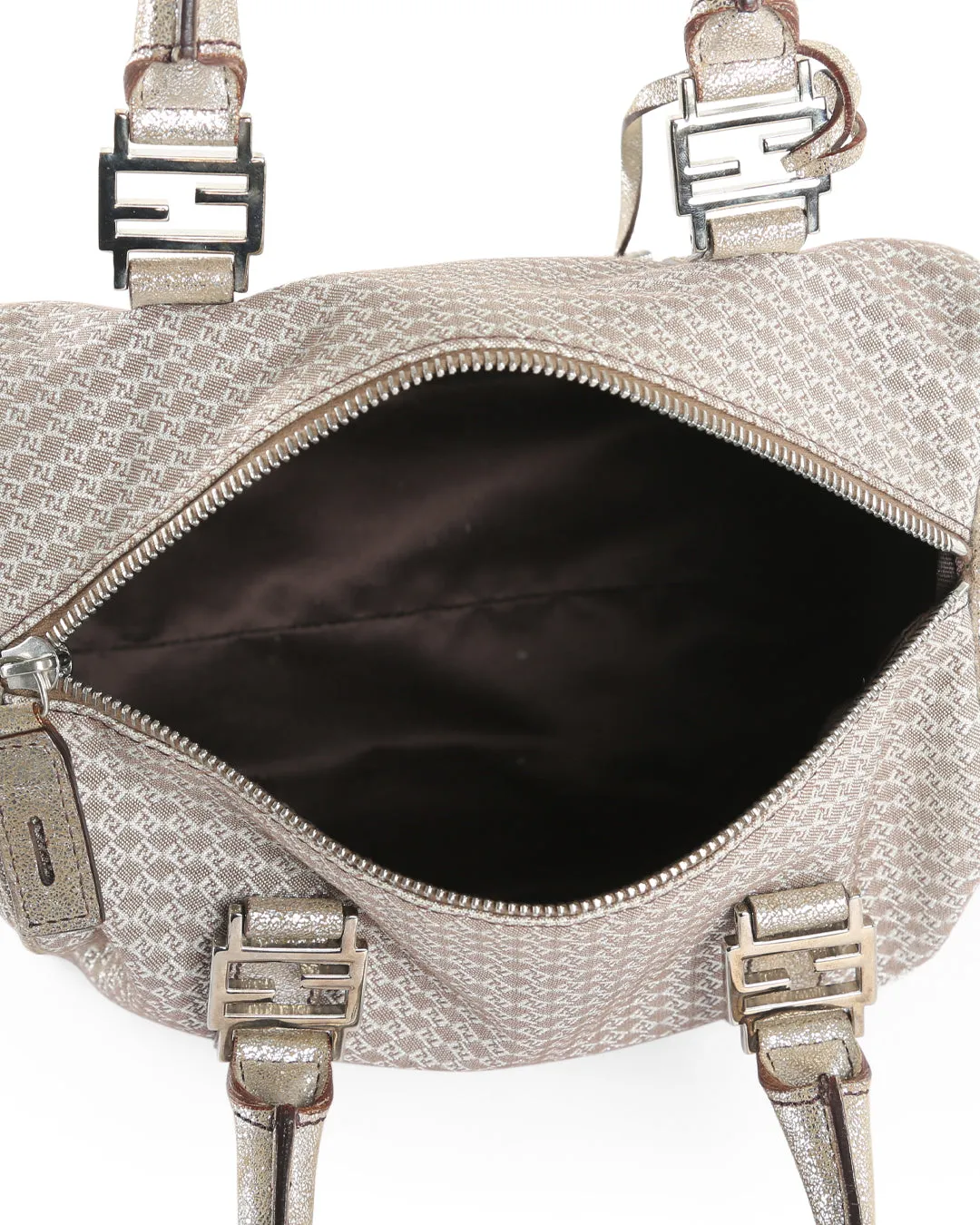 FENDI Metallic Silver/Brown Micro Zucchino Canvas & Leather Bauletto Forever Boston Bag