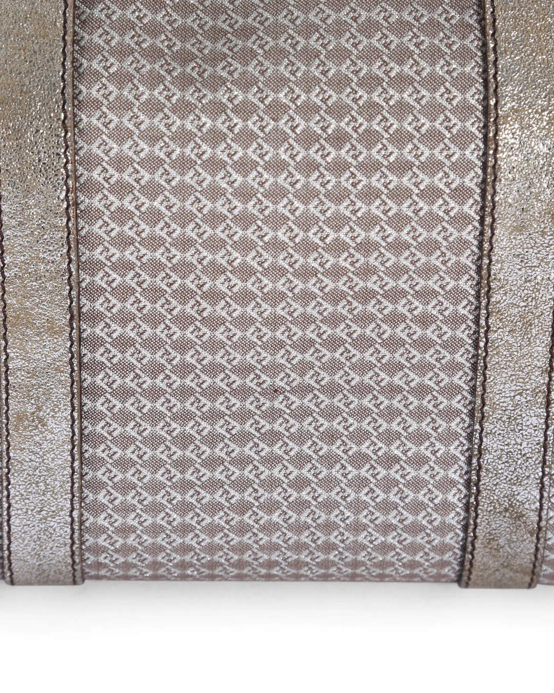 FENDI Metallic Silver/Brown Micro Zucchino Canvas & Leather Bauletto Forever Boston Bag