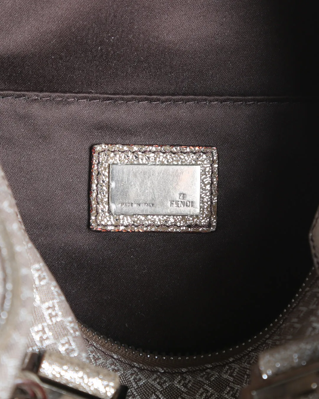 FENDI Metallic Silver/Brown Micro Zucchino Canvas & Leather Bauletto Forever Boston Bag