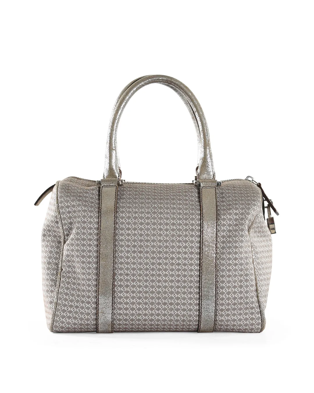 FENDI Metallic Silver/Brown Micro Zucchino Canvas & Leather Bauletto Forever Boston Bag