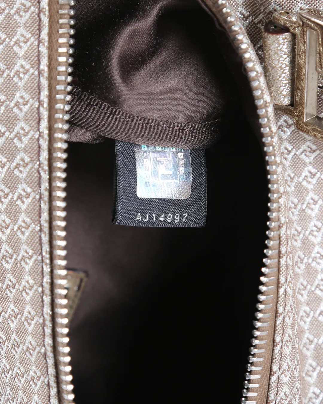 FENDI Metallic Silver/Brown Micro Zucchino Canvas & Leather Bauletto Forever Boston Bag