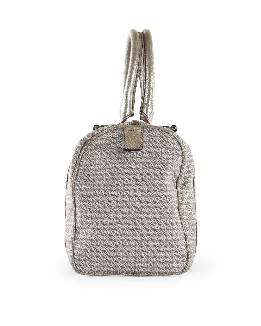 FENDI Metallic Silver/Brown Micro Zucchino Canvas & Leather Bauletto Forever Boston Bag