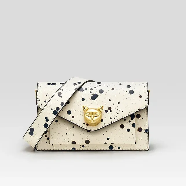 Genuine Leather Floral Print Flap Lock Decor Crossbody Bag