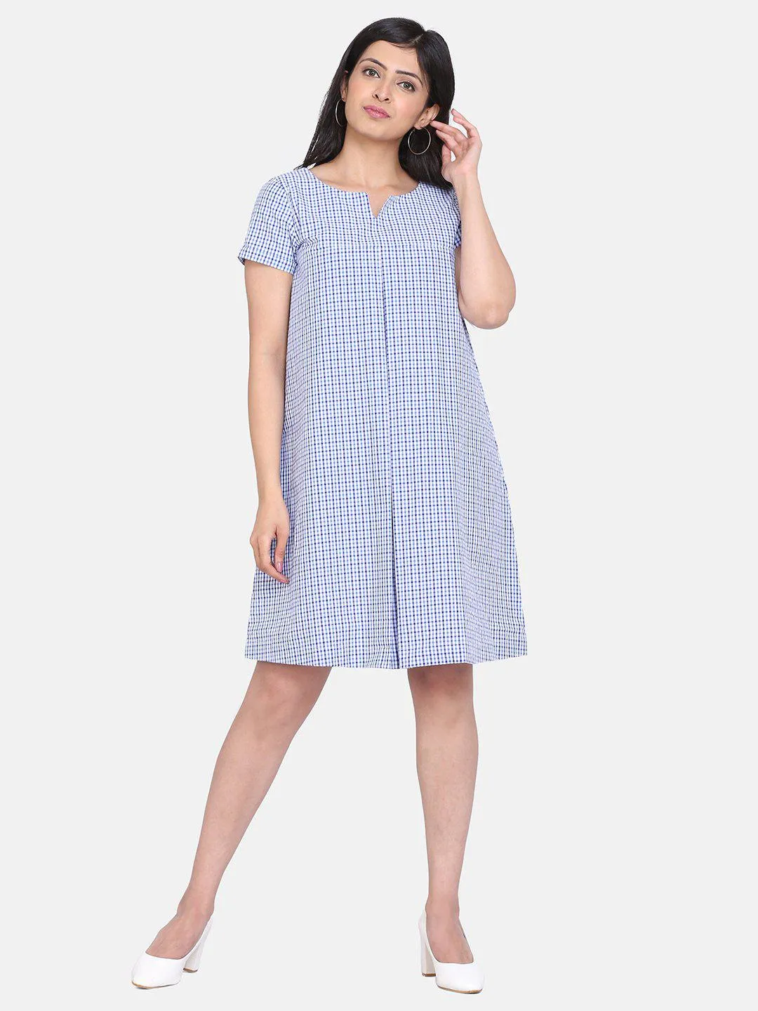 Gingham Cotton Trapeze Dress - Sky Blue