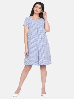 Gingham Cotton Trapeze Dress - Sky Blue