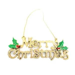 Gold Merry Christmas Hanging Sign with Holly