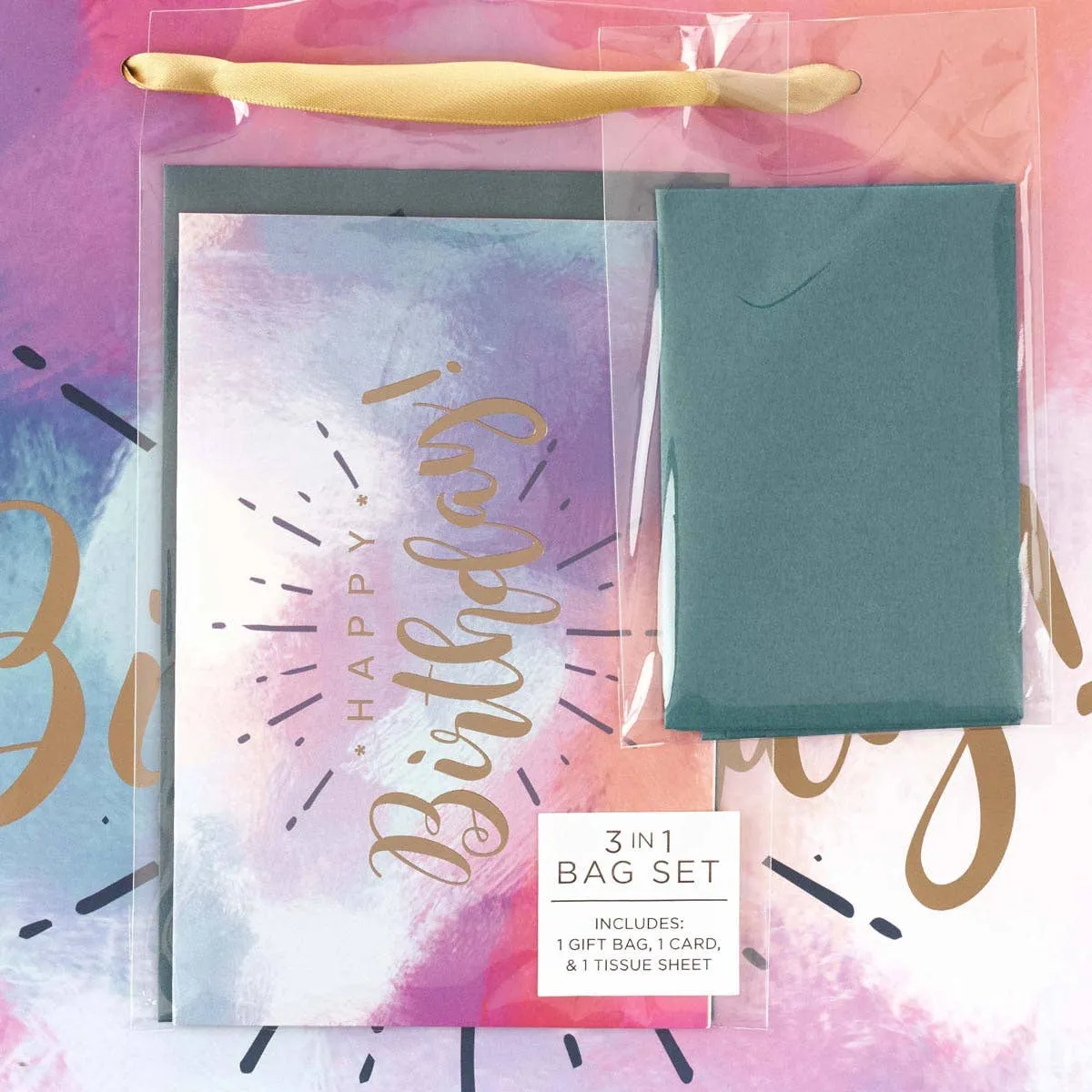 Happy Birthday Multicolored Large Gift Bag Set with Card