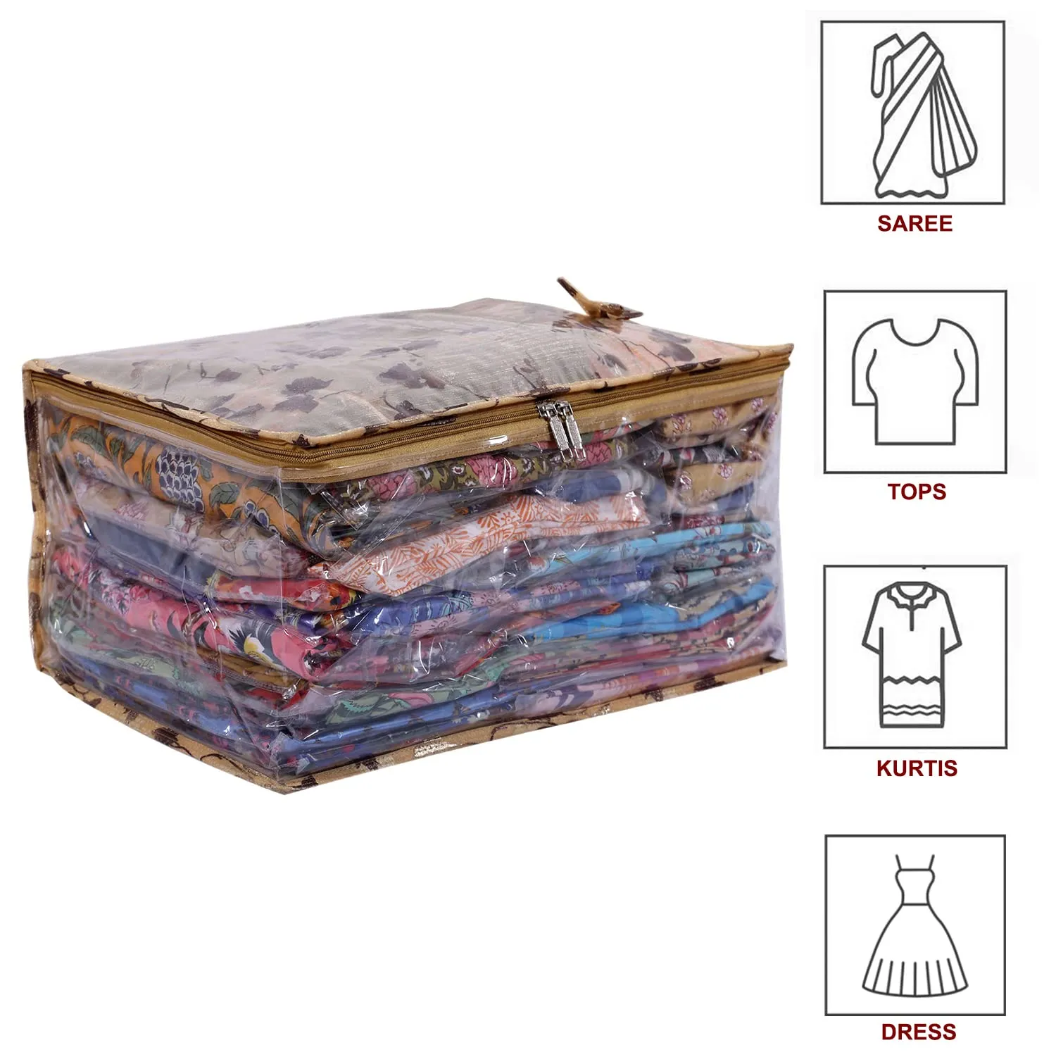Heart Home Multiuses PVC Flower Print Wardrobe Organizer/Storage Bag For Store Saree, Lehenga, Suit, Dress, Clothes With Transparent Window (Beige) 52HH4074