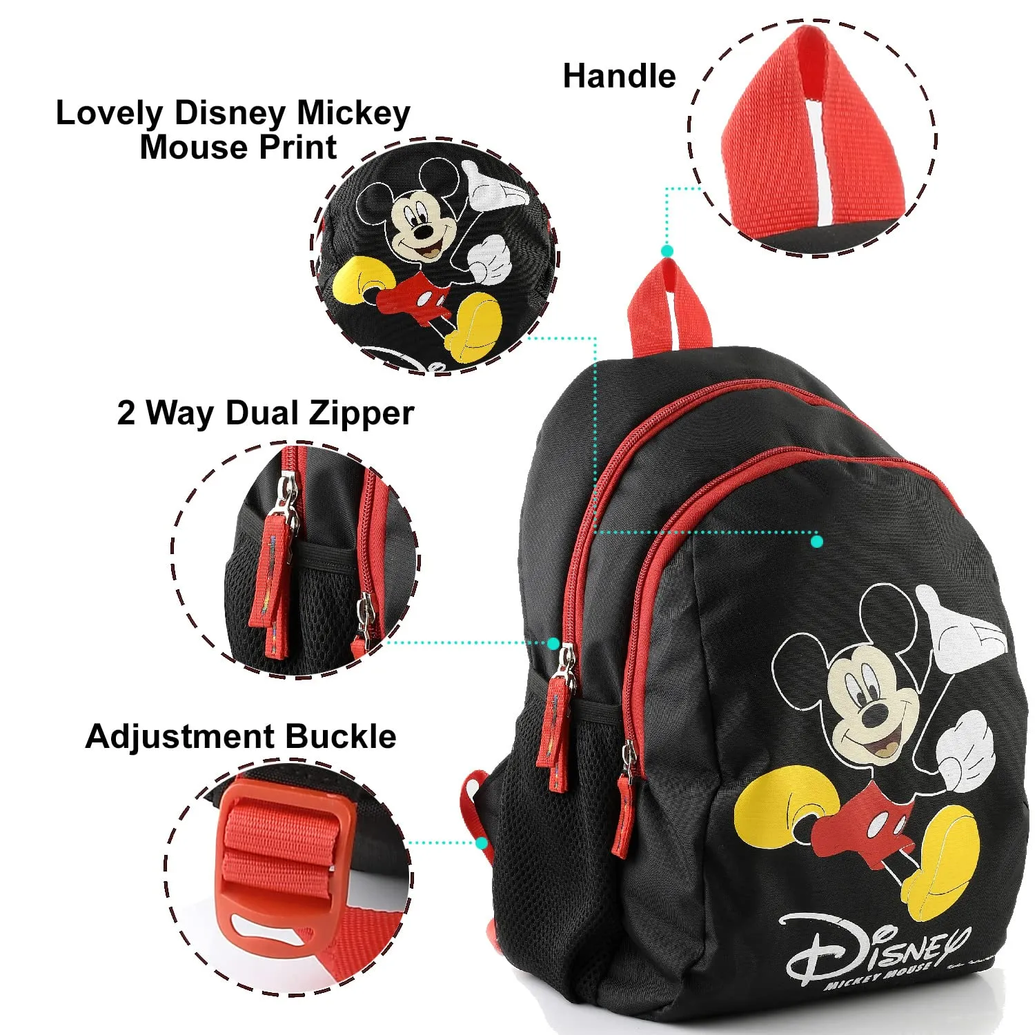 Heart Home Polyester Waterproof Disney Mickey Mouse Print Backpack|Sturdy School Bag For Kids,14 Inch (Black)
