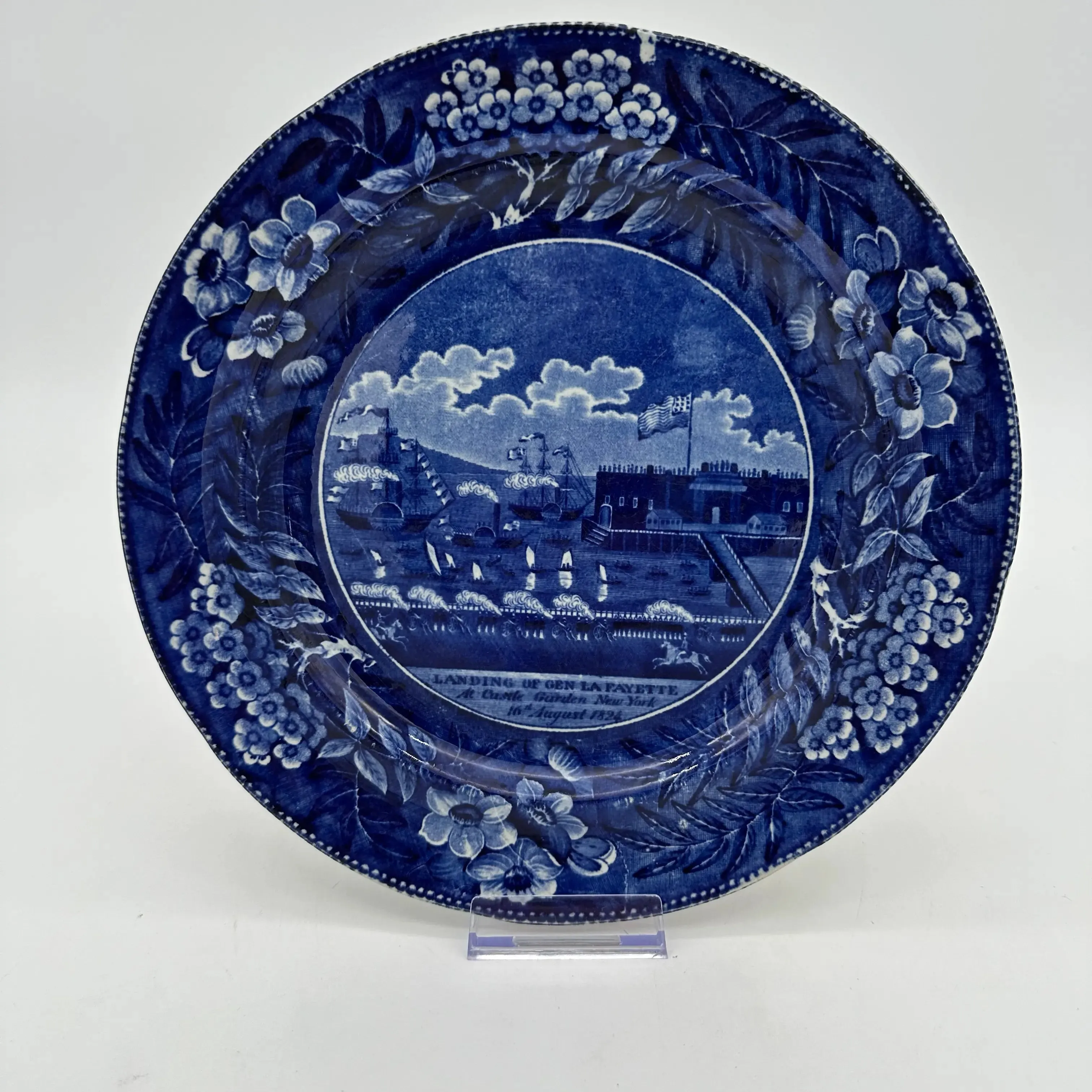 Historical Staffordshire blue plate showing the landing of Gen. Lafayette at Castle Garden in New York in 1824