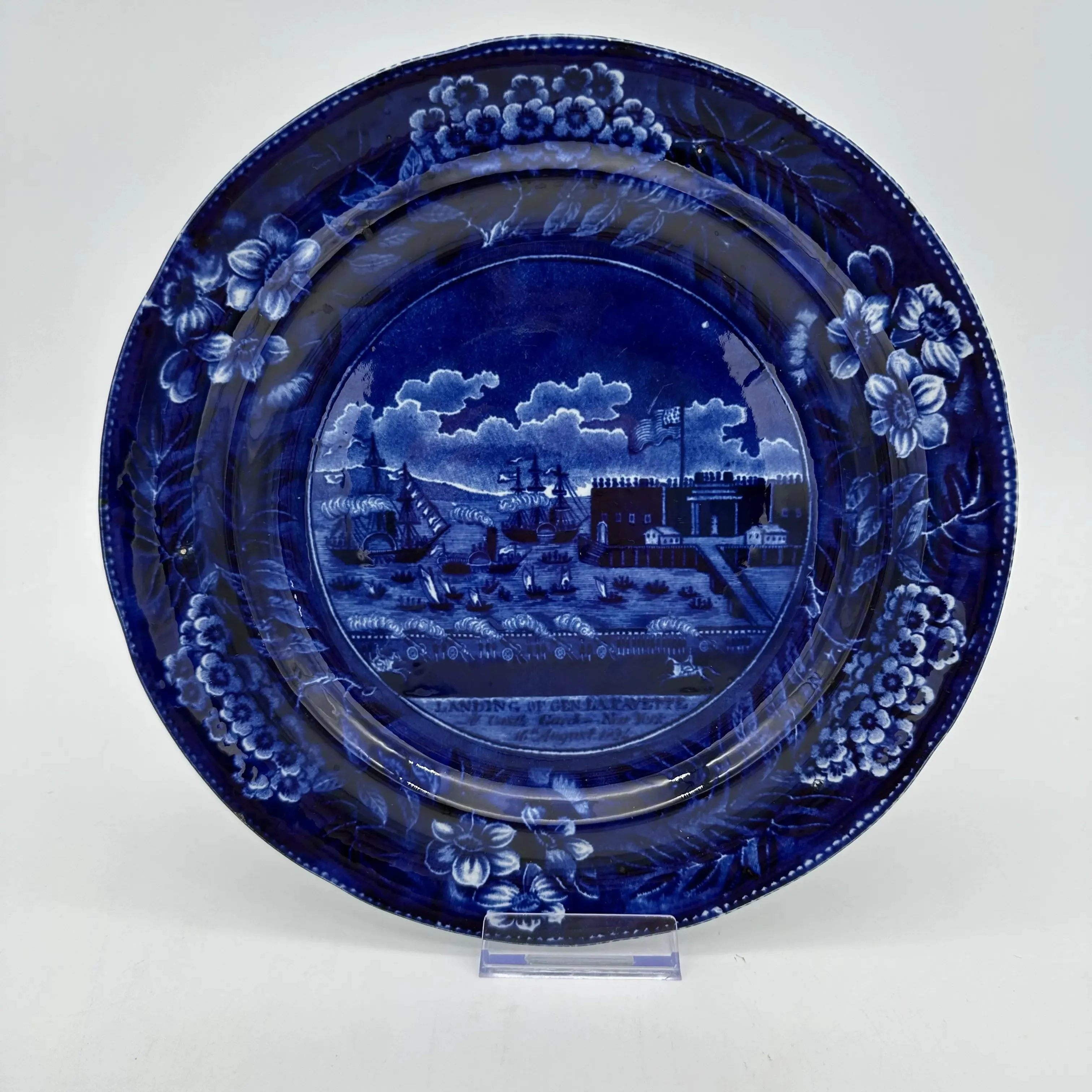 Historical Staffordshire blue plate showing the landing of Gen. Lafayette at Castle Garden in New York in 1824