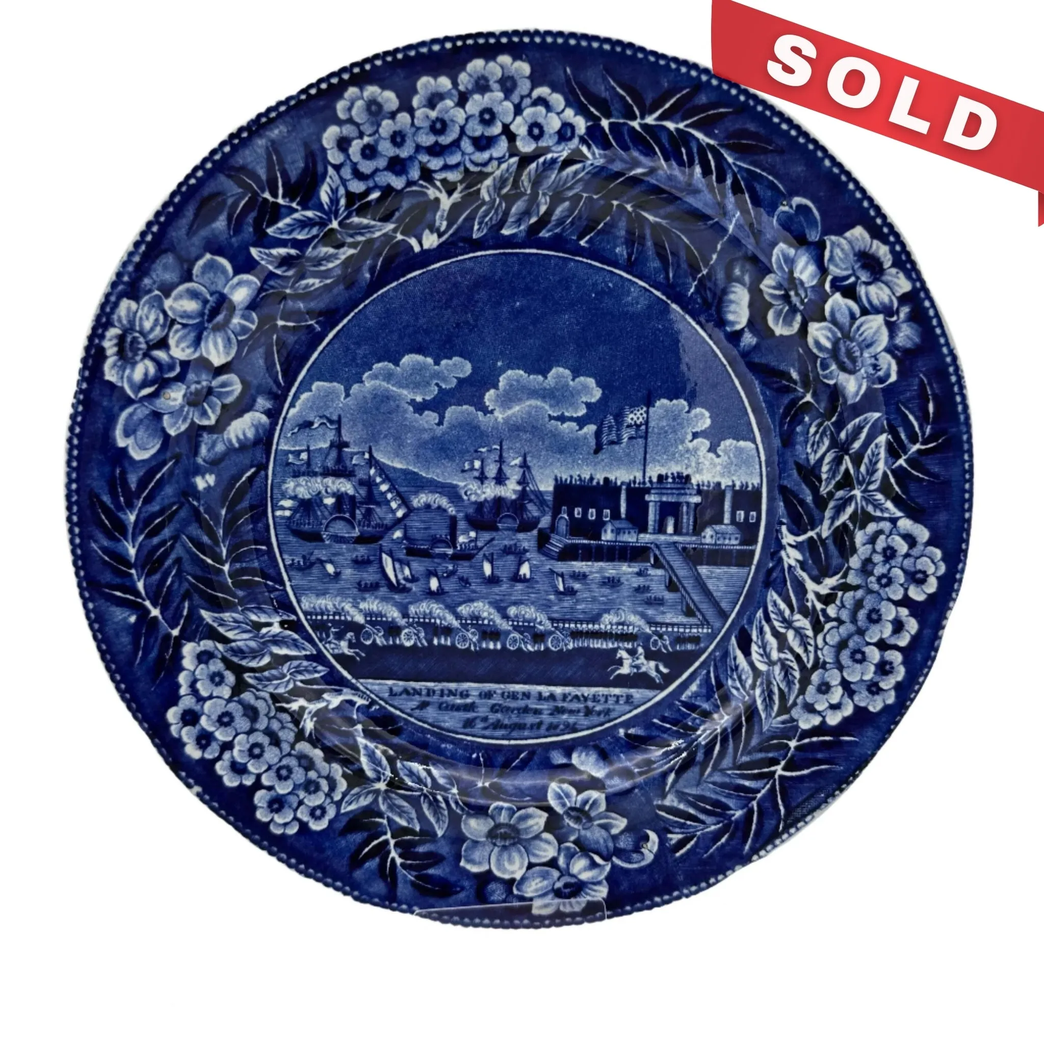 Historical Staffordshire blue plate showing the landing of Gen. Lafayette at Castle Garden in New York in 1824