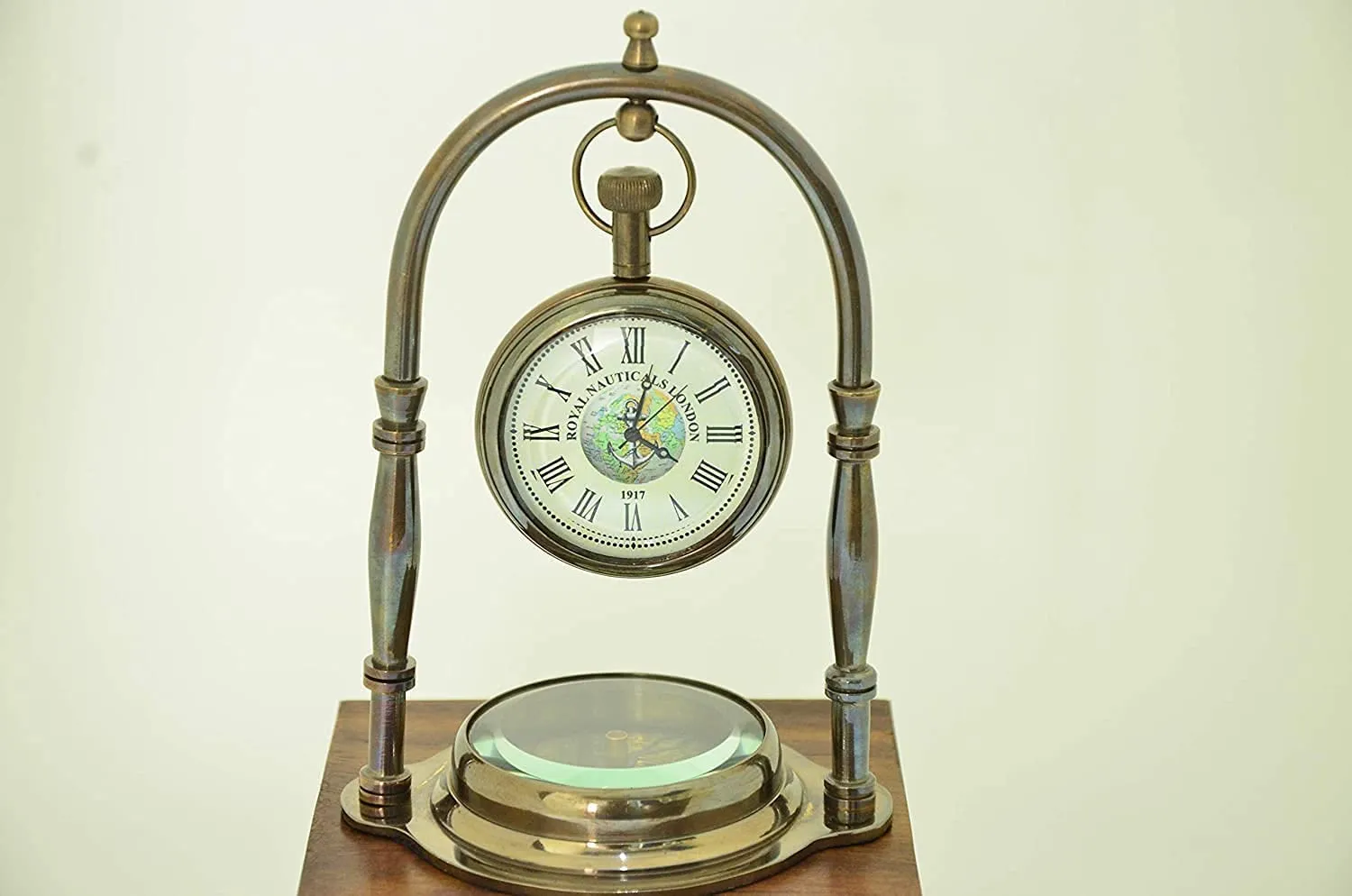 JMM Handmade Nautical Antique Brass Desk & Shelf Clock with Compass Base Antique Brass Desk Hanging Clock with Compass – Roman Dial.(Set of 5 Pieces)