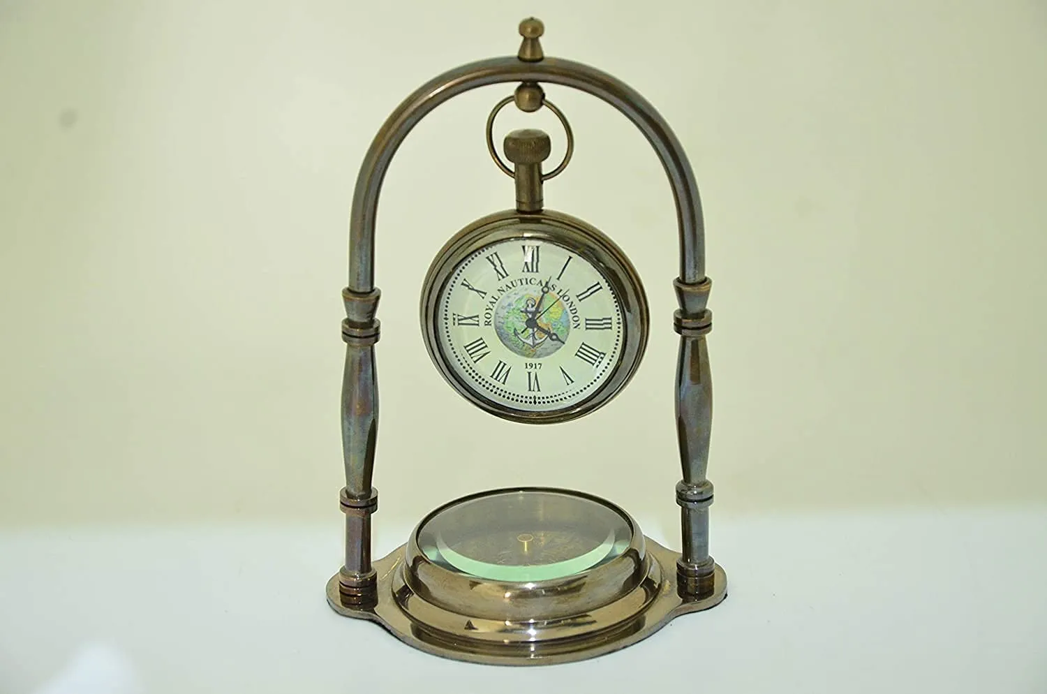 JMM Handmade Nautical Antique Brass Desk & Shelf Clock with Compass Base Antique Brass Desk Hanging Clock with Compass – Roman Dial.(Set of 5 Pieces)